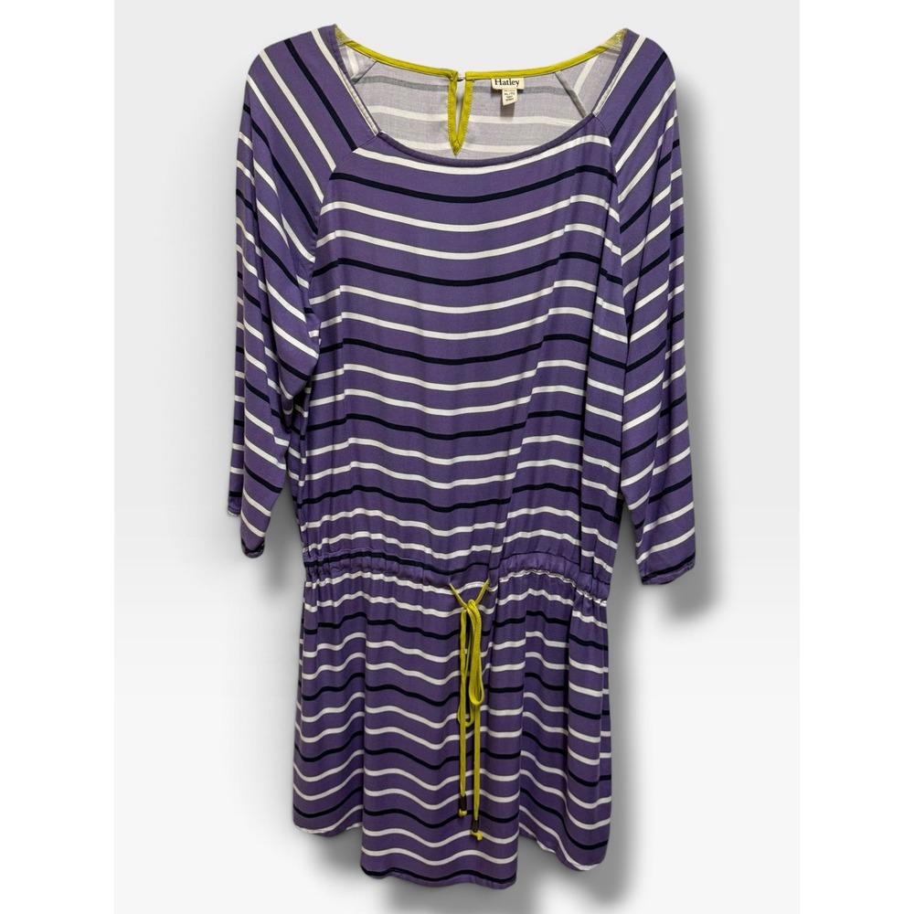 Hatley Womens XL Purple Striped Rayon Drawstring Waist Dress 3/4 Sleeve